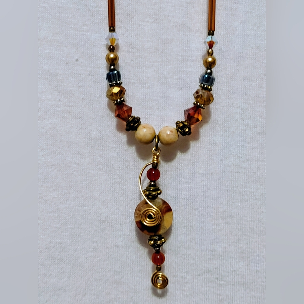 Artisan Wire‑Wrapped Beaded Necklac: Spiral Pendant, Earth‑Tone Czech Glass